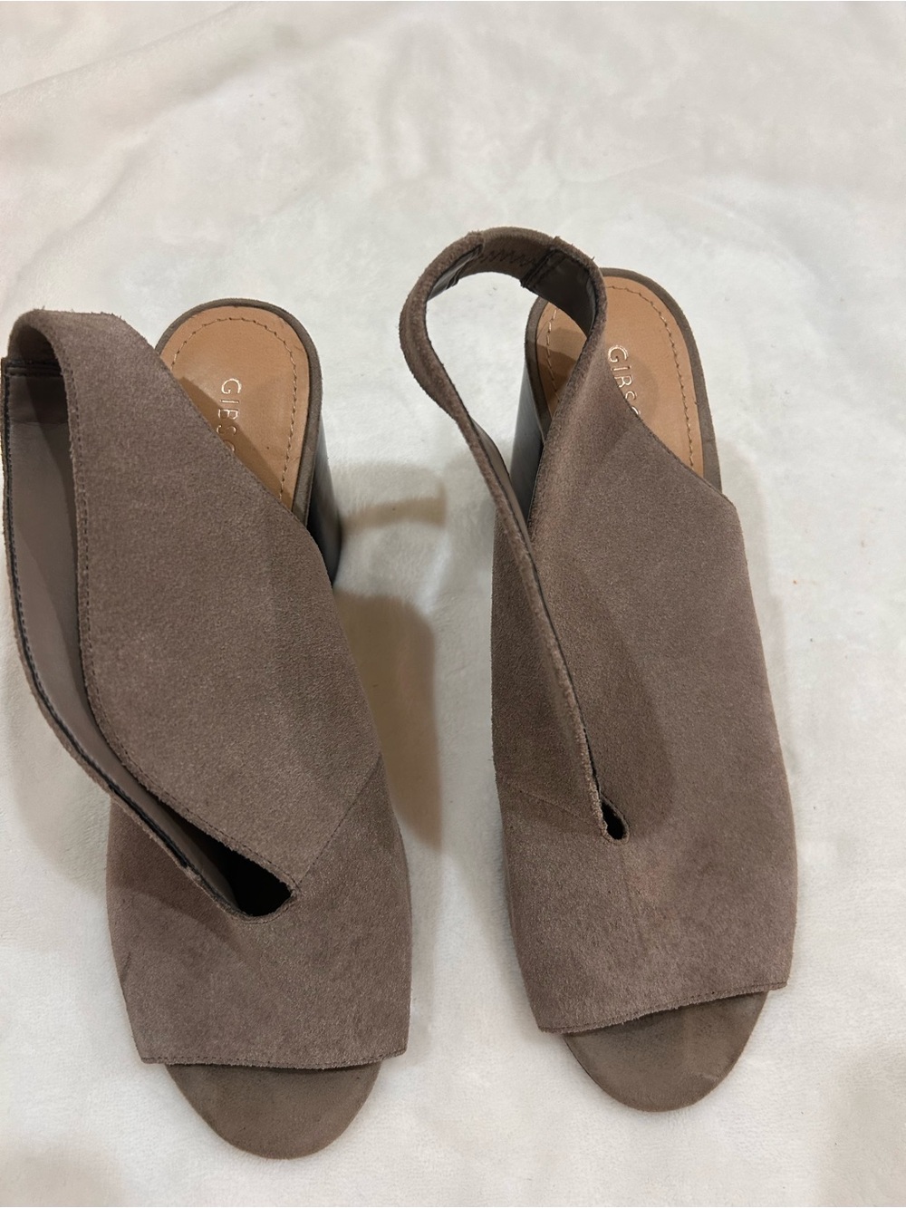 Gianni Bini Taupe Suede Open-Toe Slingback Heels